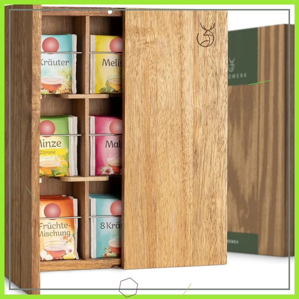 

9-Compartment Tea Storage Organizer, Solid Acacia Wood with Wall Mount Option, Plastic-Free Tea Box Holder