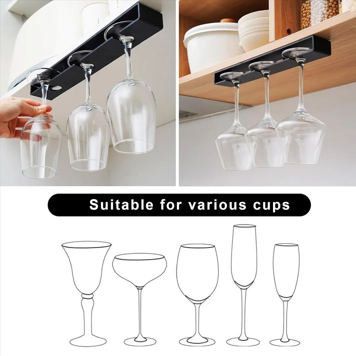 A50U Wine Glass Holder, Wine Glass Rack 2 Pack, No Drilling Wine Glass Holder Under Cabinet, Hanging Stemware Rack Organizer