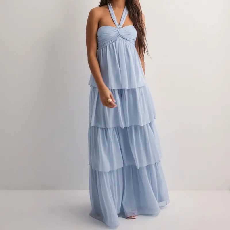 Combhasaki feminino verão elegante sem alças busto torção rendas halter sem costas cintura alta plissado em camadas a linha vestido longo