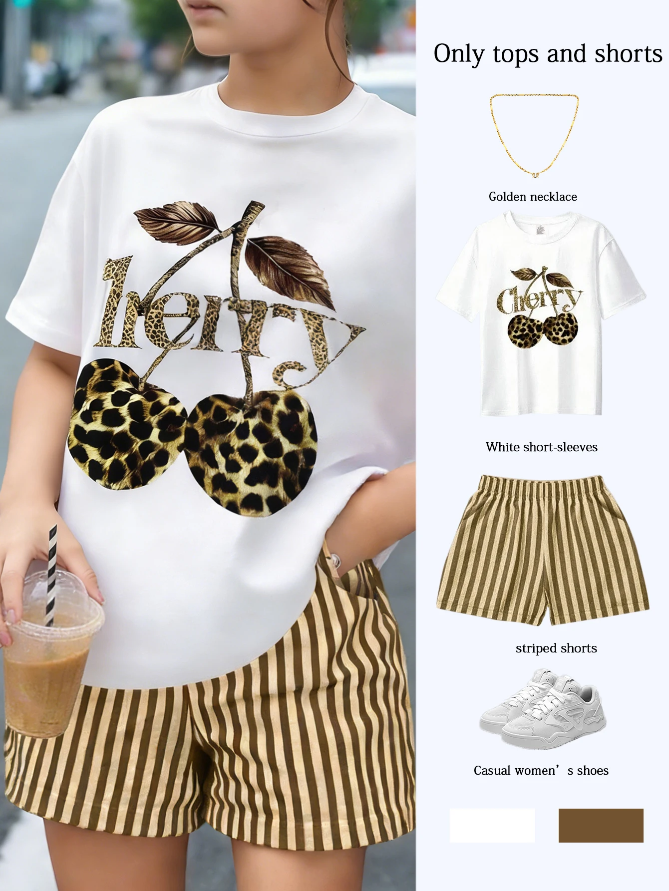 2026 Frühling Sommer Mädchen Zweiteiler Set Leoparden-Kirsch-Print T-Shirt + Gestreifte Shorts Set Lässiger Y2K Street Style Sportanzug