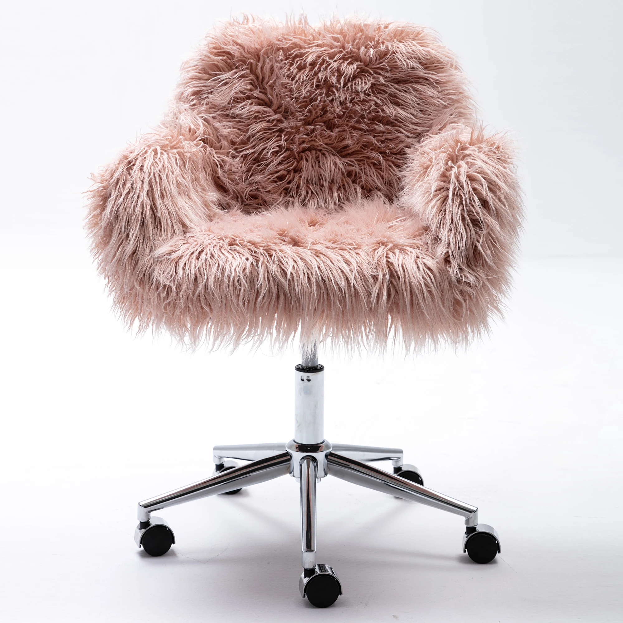 Home Office Computer Chair Faux-Fur Chrome Base Adjustable Tasks Swivel Executive Chair for Study Work Soft Pink[US-Stock]