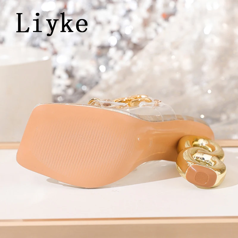 Liyke Fashion Design Chain Women Transparent Slippers Sandals Summer Square Toe Golden Strange High Heels Mules Slides Shoes