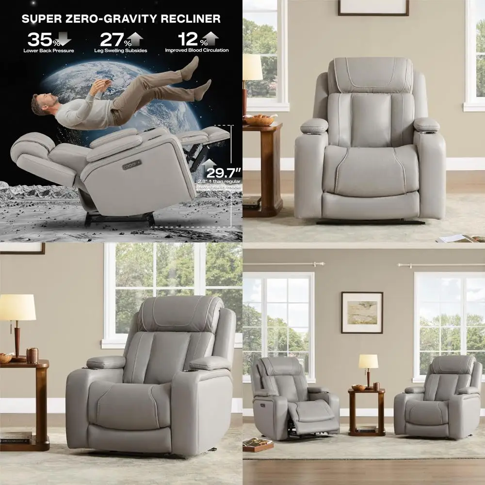 

Большое кресло-реклайнер из натуральной кожи с электроприводом, регулируемой спинкой и поясничной опорой, скрытым отсеком для хранения, светло-серое