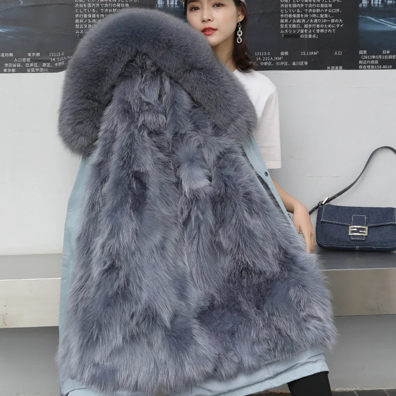 Winter Fashion 2023 Women's New Real Fur Coats Plus Size Hat Parkas Detachable Fur Liner Middle Long Female Jackets Casual