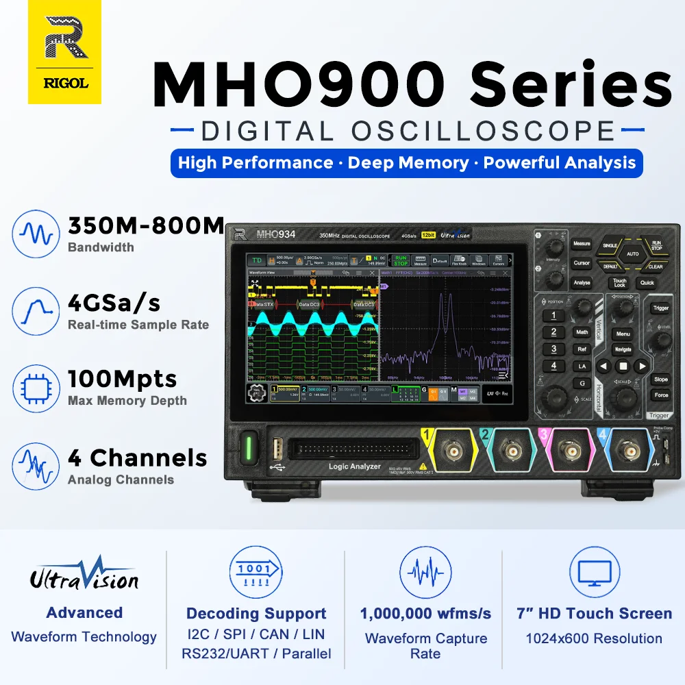 RIGOL MHO934 MHO954 MHO984 Digital Oscilloscope | 12bit High Resolution 350-800MHz | 4CH MAX. 100Mpts Depth 4GSa/s Sampling