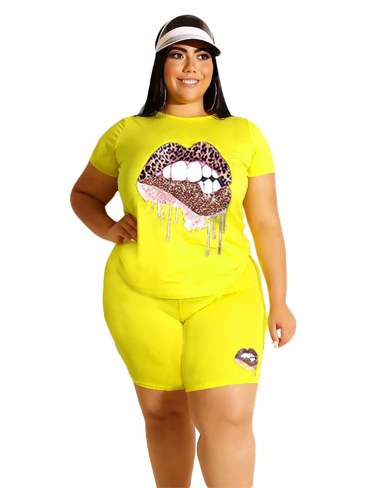 Wmstar Plus Size Two Piece Outfits for Women Tracksuit Shorts Sets Lip Print Top Casual New In Matching Wholesale Dropshipping