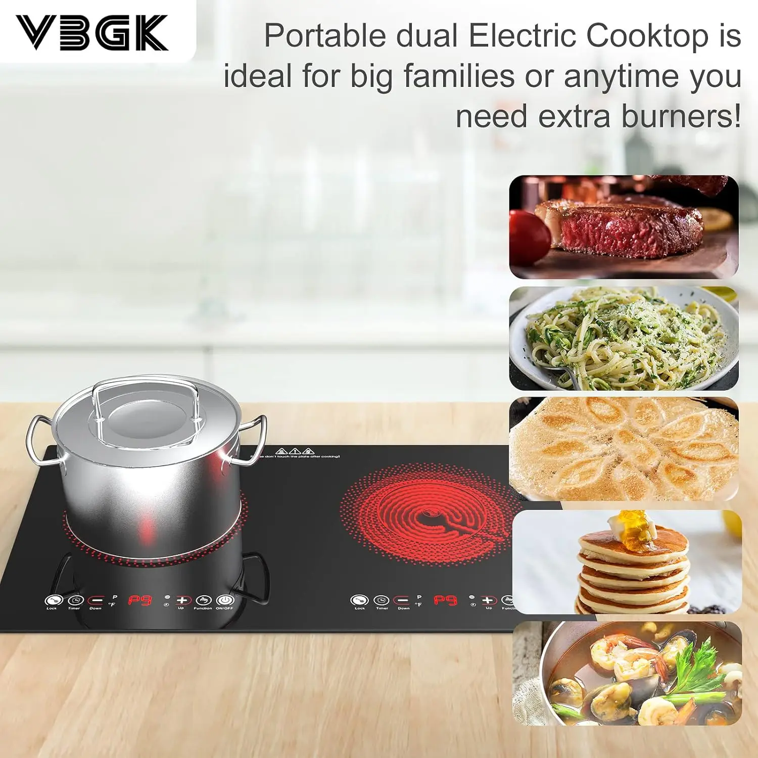 24 inch 2 Burner Electric Cooktop,Built-in and Countertop Electric Stove Top,2200W Electric Stove,9 Power Levels, Kids Lock & Ti