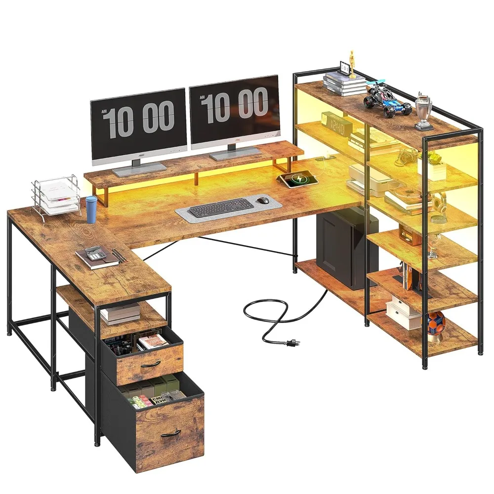 Escritorio en forma de L con soporte para monitor, escritorio de oficina reversible en forma de U de 63 pulgadas con 6 estantes de almacenamiento para neumáticos y 2 cajones de tela