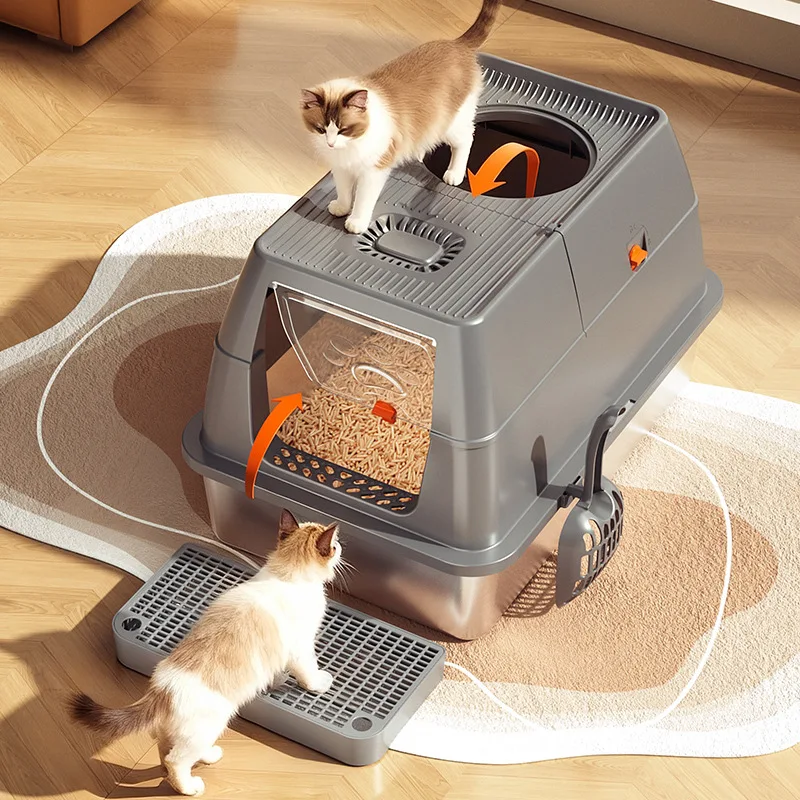 Fully enclosed flip stainless steel cat litter box anti-splash and anti-take out raised fence cat toilet