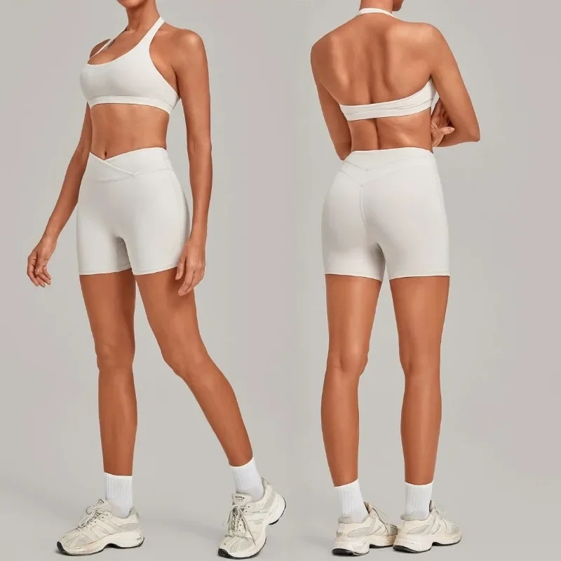Women's Seamless Yoga Set Fitness Sports Gym High‑Waisted Butt Lifting Shorts Beautiful Back Halter‑neck Bra Workout Suits