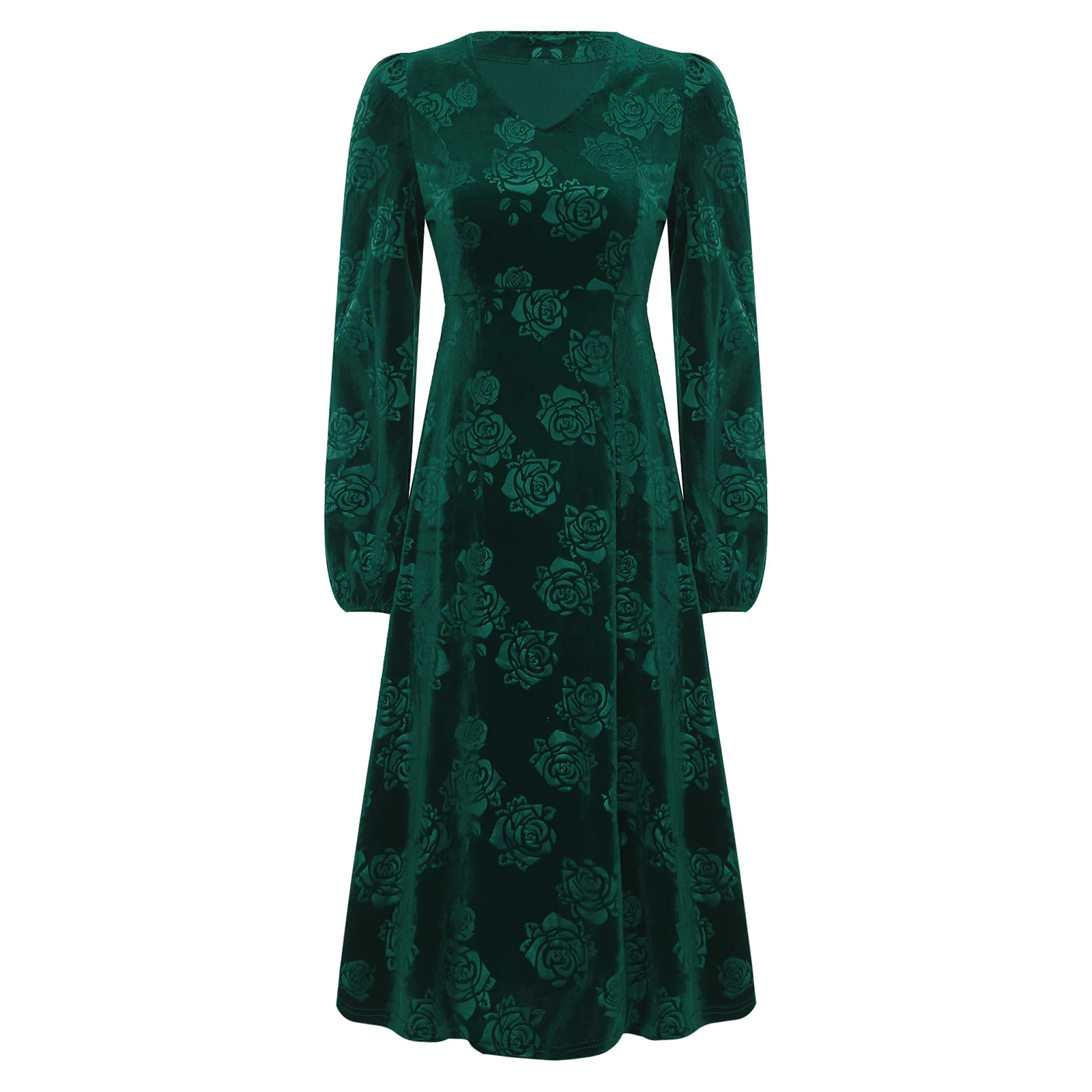 Womens Vintage jaren 1920 Flapper fluwelen jurk Rose Jacquard V-hals lange mouw A-lijn midi-lengte jurk voor cocktails bruiloften feest