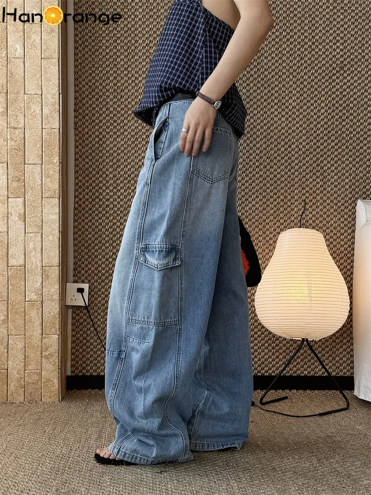 HanOrange 2026 Summer Retro Distressed Washed Side Pockets Patchwork Jeans Women Loose Straight Denim Pants Blue/Khaki