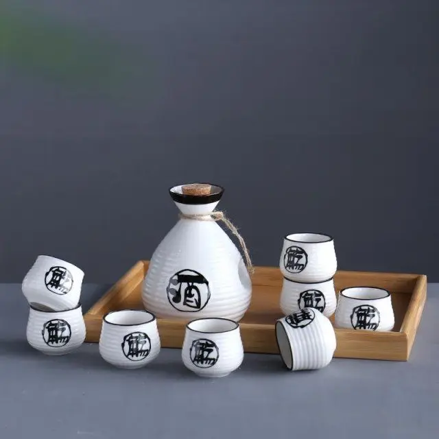 250ml Vintage Ceramic Sake Pot with 6 Cups Set Japanese Cuisine Sake Bottle Spirit Set Shot Glasses Set