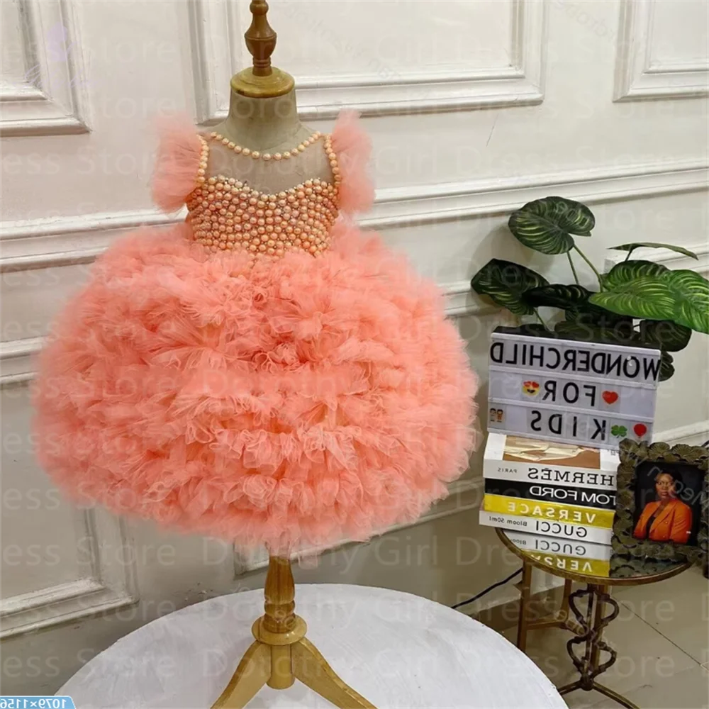 Fluffy Tulle สาวชุดวันเกิดเพิร์ลโบว์เปิดด้านหลังงานแต่งงานที่กําหนดเองเจ้าหญิงพรหมชุดราตรี