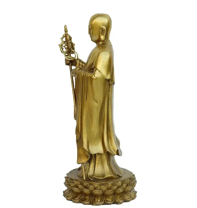 Pure brass standing statue of Ksitigarbha Bodhisattva, Jiuhuashan Saha Three Saints statue ornament