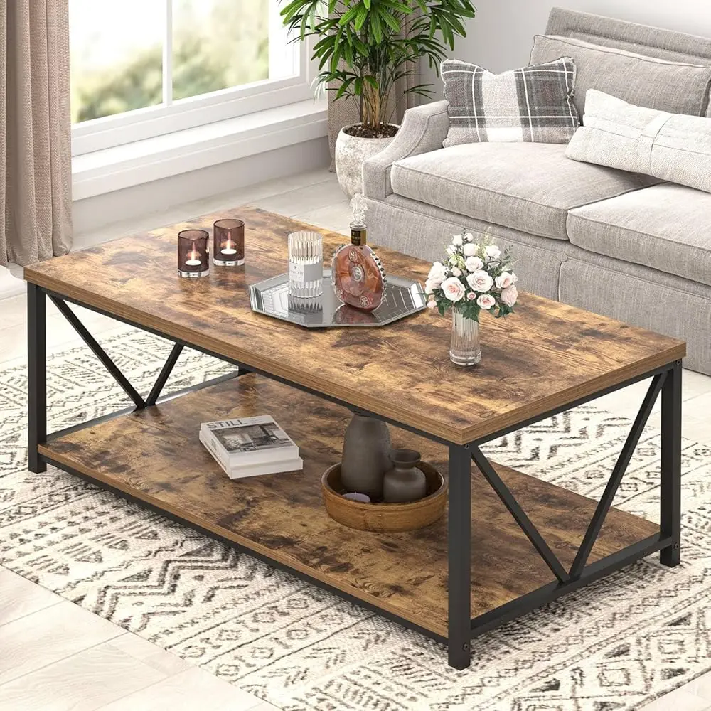 Modern Coffee Table, Rustic Wood And Metal Living Room Table With Storage Shelf, Industrial Rec Center Table, 47 H