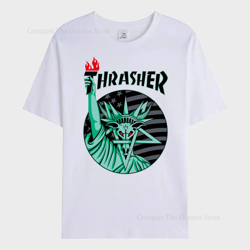 Flame Trendy Brand Men‘s T Shirts The Statue of Liberty  Printed Street Casual  Loose Oversize Hip Hop Cotton  Fashion Tops