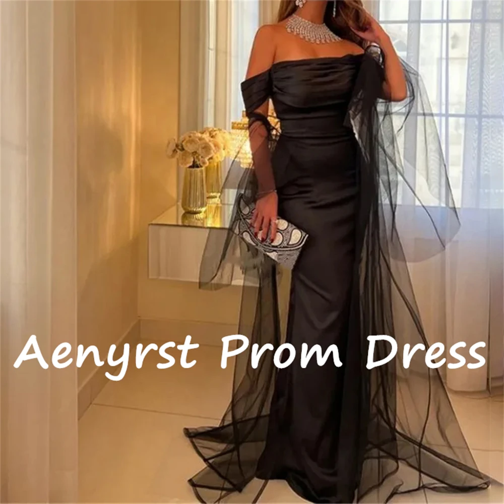 Aenyrst Black Off Shoulder Satin Evening Dresses Mermaid With Tulle Cape Pleated Prom Gowns Floor Length Formal Occasion Dress