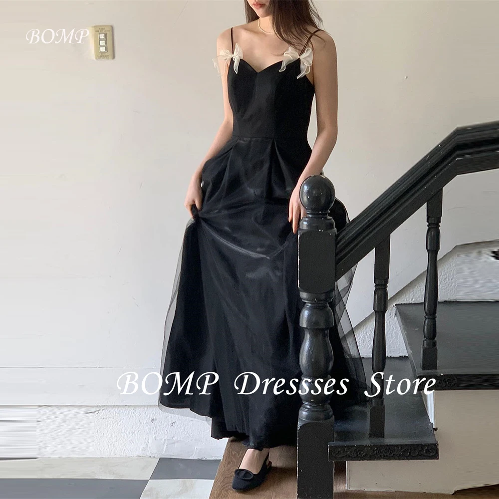 BOMP Simple Black Evening Dresses Korea Wedding Dresses Spaghetti Straps Sweetheart Bowknot Floor Length Formal Party Customized