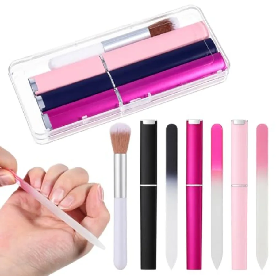 

3 Pack Glass Nail Files and Nailbrush with Case Crystal Glass Fingernail Files Portable Nail File Professional Manicure Tools N