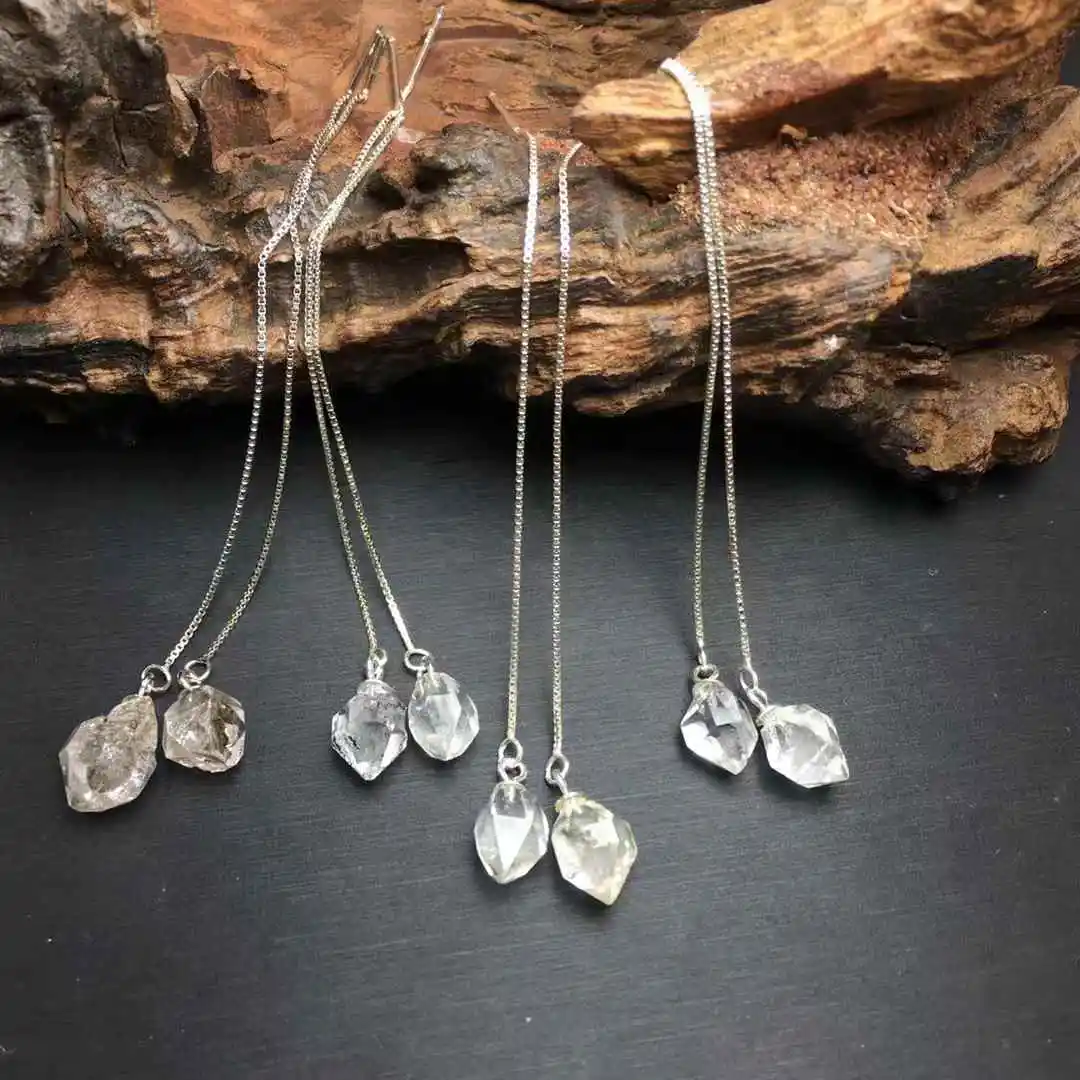 Unit One Pair Natural Rough Herkimer Gemstone Crystal Hanging Earrings With 925Silver