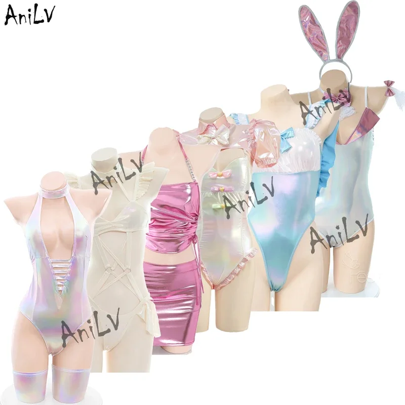 AniLV Colorful Laser Uniform Series Women Anime Student Bunny Bodysuit Candy Girl Lolita Dress Cosplay Costume