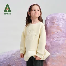 Amila Baby Sweatshirt 2024 Winter New Girls Solid Color Versatile Basic All-In-One Velvet Warm Skin-Friendly Children’s Pullover