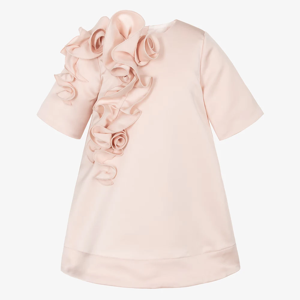 Customized Short Party Dress for Girl Pink Satin Ruffle A Line Flower Girl Gowns O Neck Short Sleeves Modern Kid's Birthday Gown