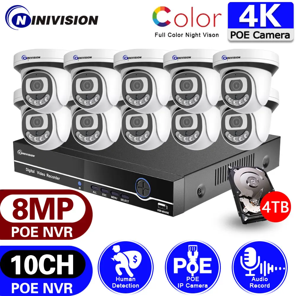 4K 10CH Video Surveillance Camera POE 8MP Color Night Vision Security Rj45 Network Outdoor CCTV IP NVR Audio Speaker 8CH System