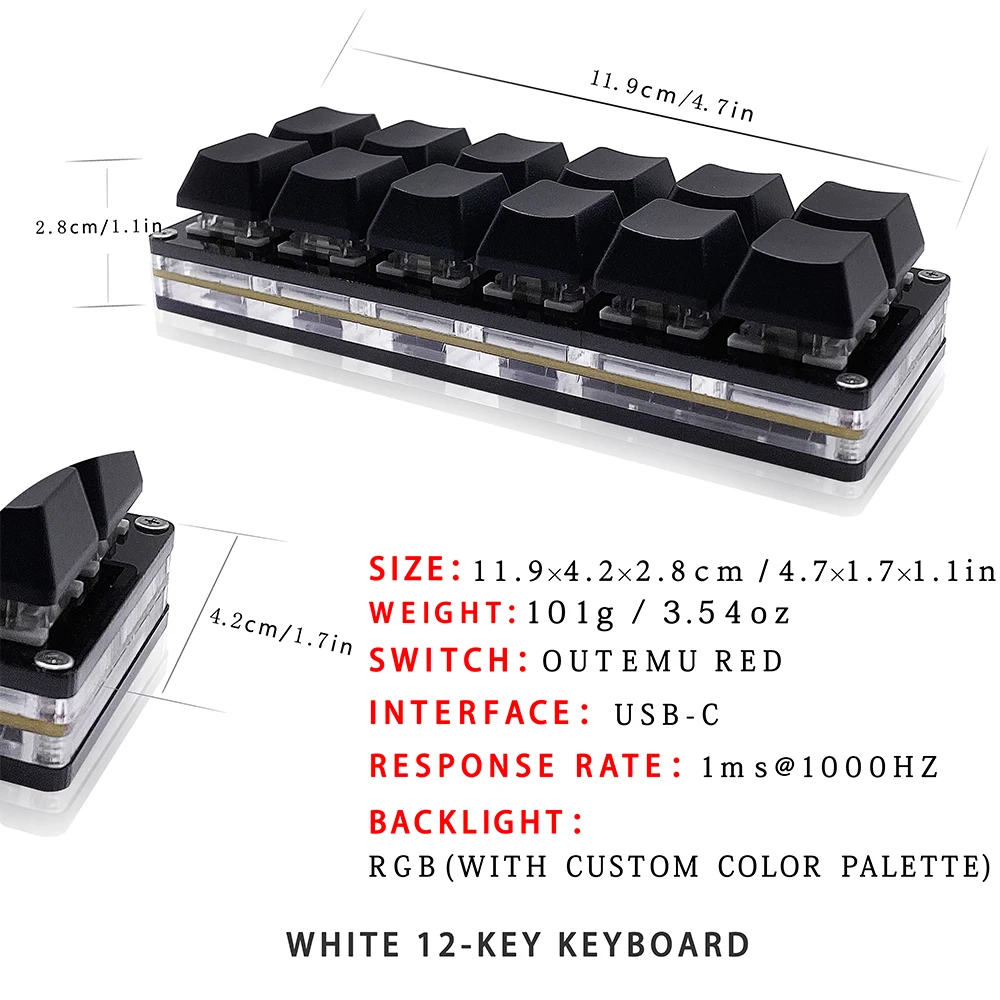 12 Keys Mini Mechanical Gaming Keyboard One Handed Keypad USB-C Wired OSU Keypad Programmable and Hot Swappable Keyboard