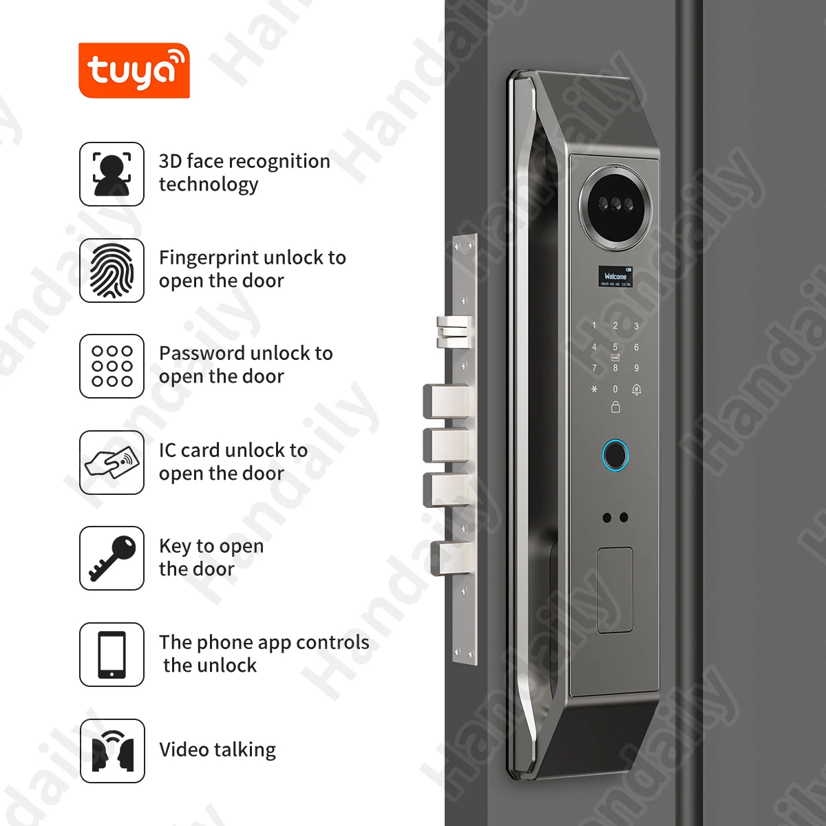 HanDaily Biometric 3D Face Recognition CNC-Engraved Smart Lock Video Monitoring Intercom Tuya Wifi Door Lock Wholesale