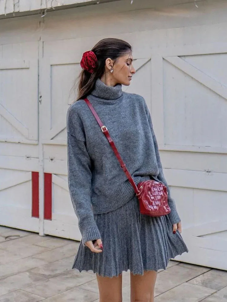 HH Fashion Women's High Neck Vintage Loose Knitted Suit Women Cropped Sweater Long Sleeve Female Pullovers Chic Tops Skirt image 2