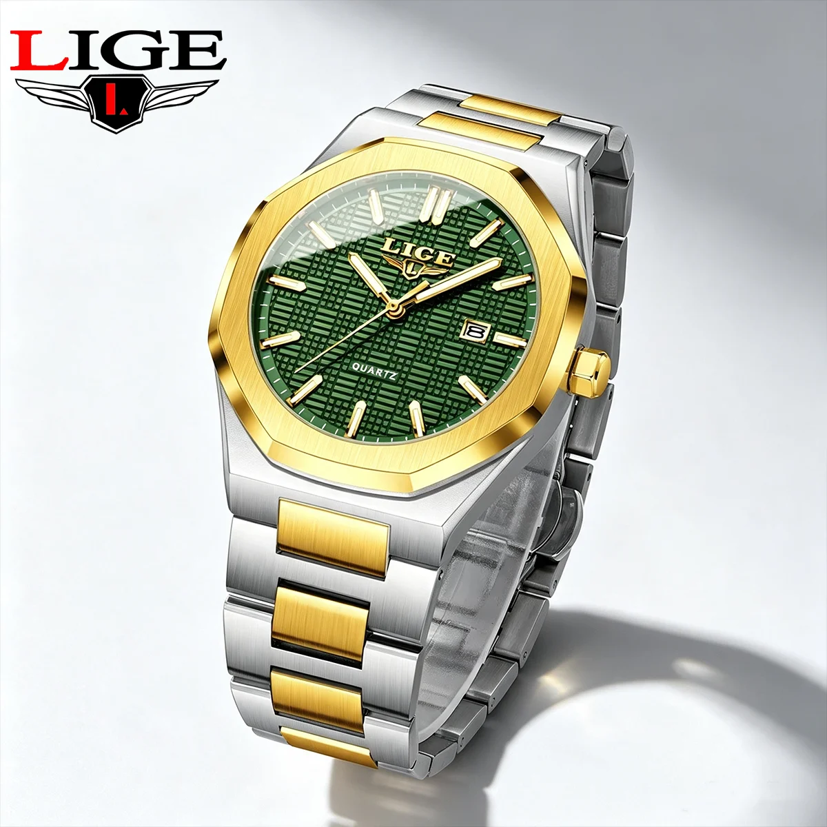 LIGE Luxury Men's Watches Minimalist Grid-Pattern Stainless Steel Wristwatch with Calendar Function Quartz Watch Reloj Hombre