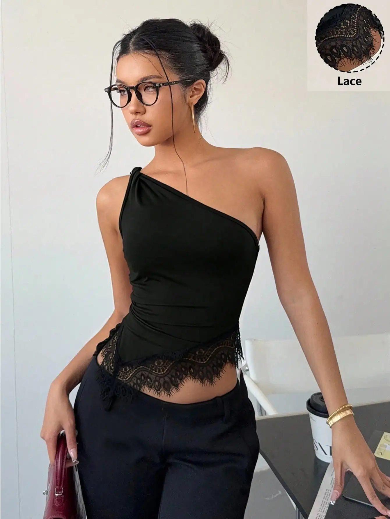 Women's Elegant Solid Color One-Shoulder Twist Vest with Lace Splicing, Versatile Top for Vacation, Party, Beach, Shopping, Dati
