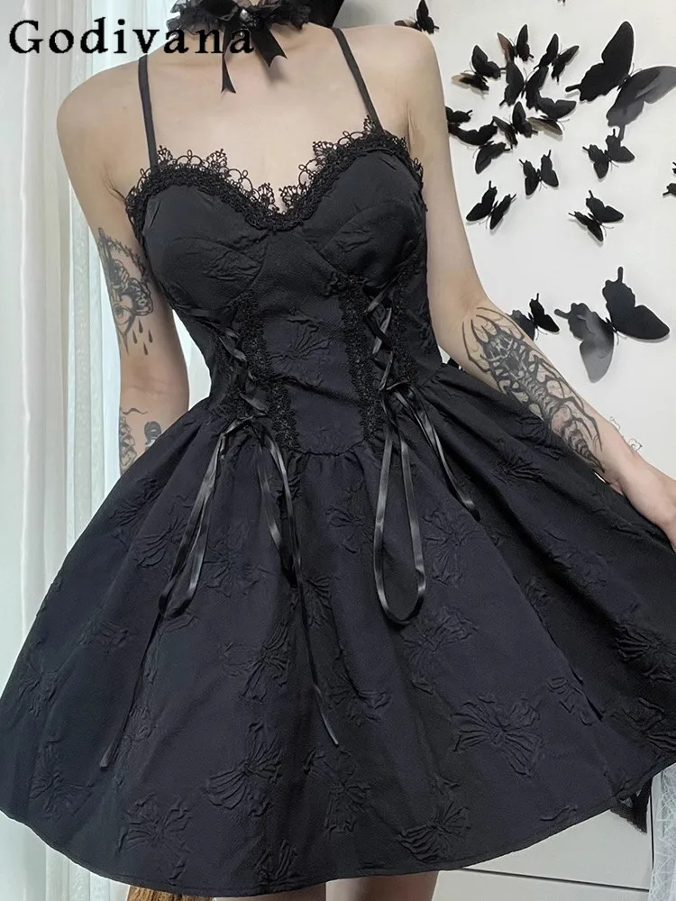 

Halloween Cos Lolita Rose V-Neck Removable Rose Evening Dress Summer Black Gothic Short Lace-Up High Waist Suspender Dresses