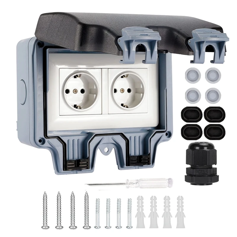 Outdoor Socket Waterproof-Outdoor Socket Garden Socket 16A Double Socket Surface-Mounted Socket Outdoor Socket EU Plug