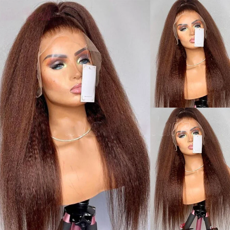 

28Inch 180Density Soft Glueless Brown Yaki Kinky Straight Lace Front Wigs For Women BabyHair Preplucked Daily Fashion Synthetic