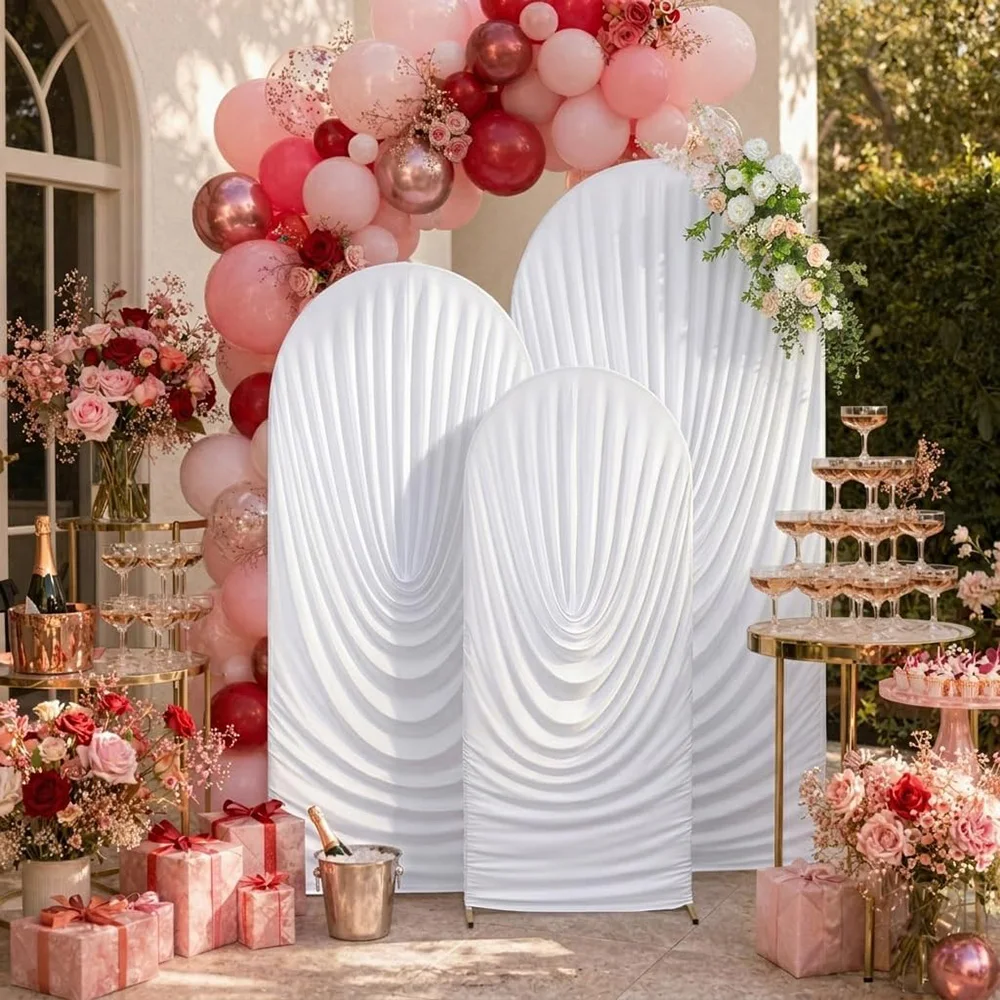 Weiße, drapierte Bogenabdeckungen, dehnbarer, passgenauer runder Bogenständer Chiara für Hochzeits-Hintergrunddekoration, Geburtstags-, Braut- und Babyparty-Deko – Detail 6