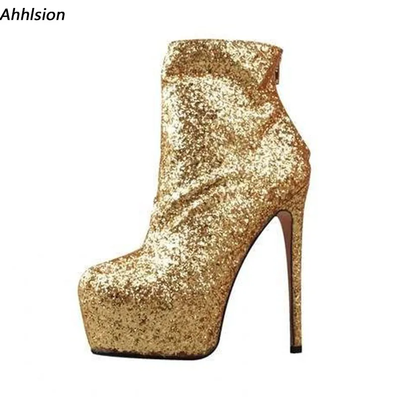 

Ahhlsion New Fashion Women Winter Ankle Boots Glitter Stiletto Heels Round Toe Pretty Gold Silver Party Shoes US Plus Size 5-20