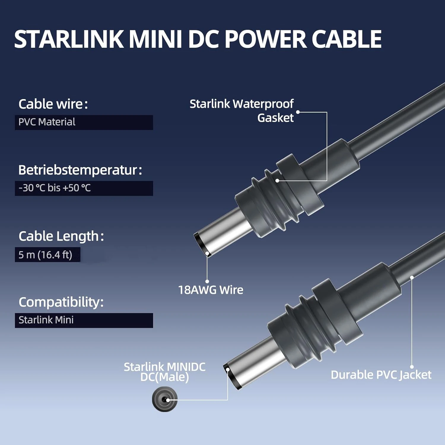 5M/16.4FT Replacement DC to DC 5.5 * 2.1mm Power Cable Compatible for Starlink Mini Outdoor Use Powersource Waterproof Cord