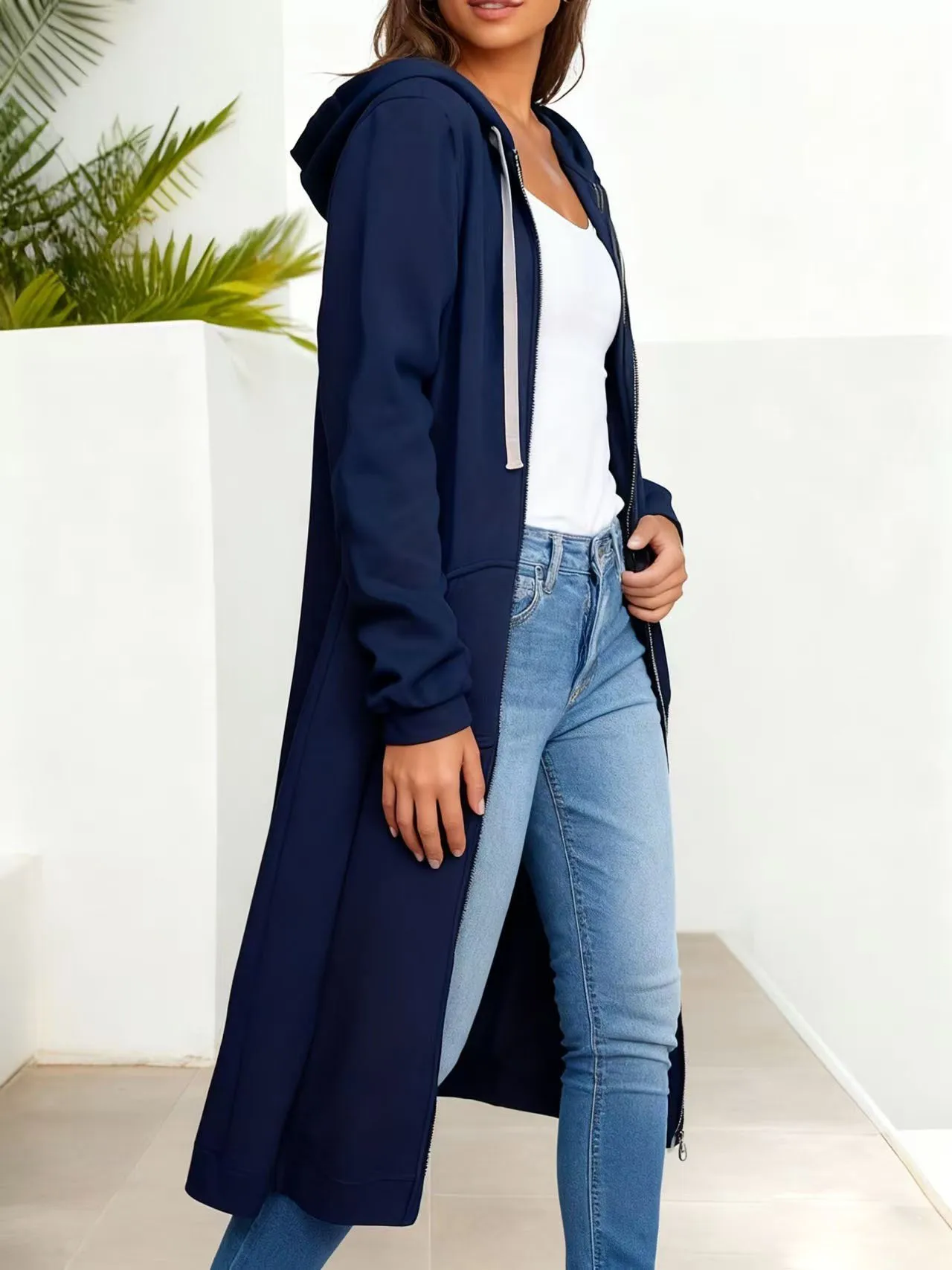 Casaco feminino plus size primavera e outono de comprimento médio com capuz outono e inverno