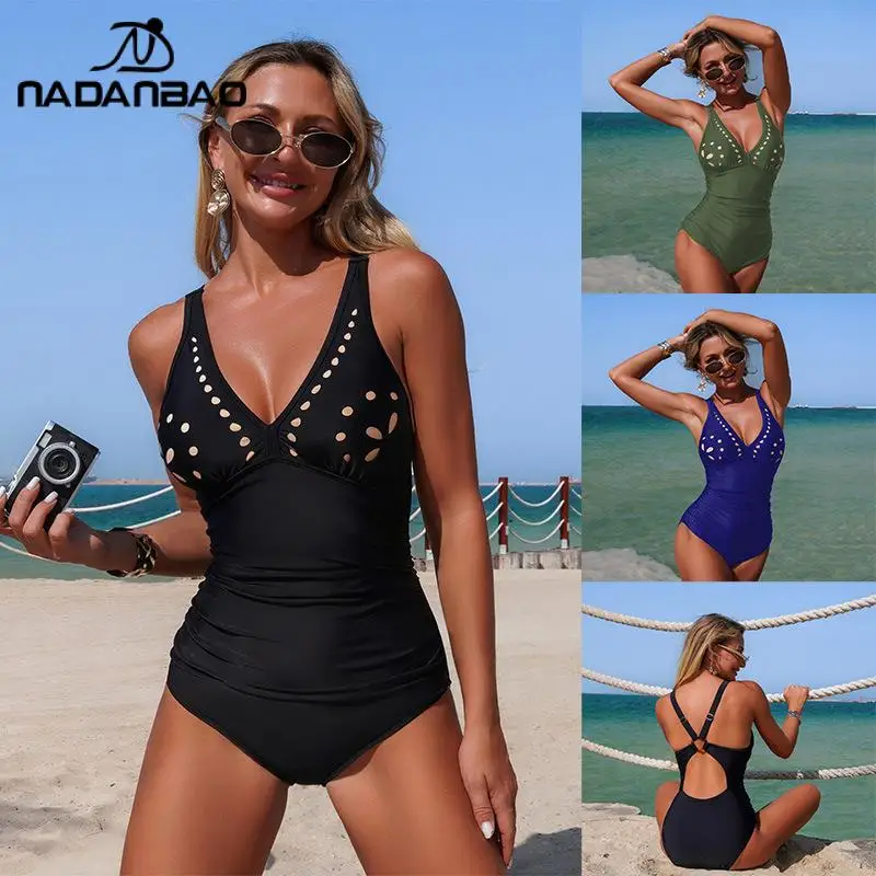 nadanbao-シンプルな無地ワンピース水着女性ファッションバックルフラワー水着セクシーなボディスーツスポーツ水泳ビーチウェア