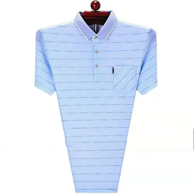 2023 New Summer Fashion Middle Aged Elderly Dad Striped Polo Shirt Men Short Sleeve Pocket Ice Silk Tee Shirts Casual Loose Tops