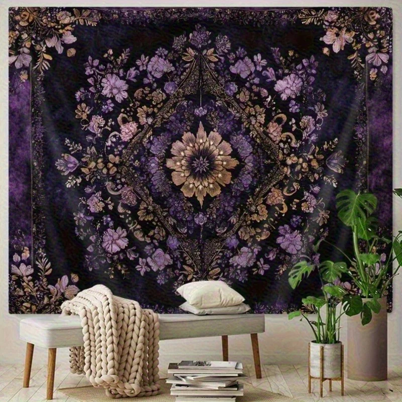1pieza Alfombra Bohemia Floral - Diseño Vibrante Morado y Dorado Mandala, Colgante de Pared de Poliéster para Sala, Dormitorio,