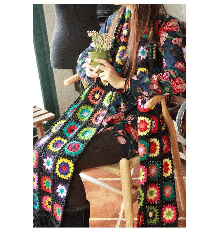 Fugusen women Sen scarves handmade women hollowed-out artistic style printed wool shawl tassel rectangular scarf female tops