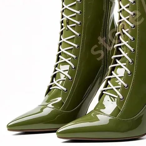 2026 New Patent Leather Knee High Women Boots Pointed Toe Stiletto Heel White LaceUp Side Zipper Elegant Party Dress Tall Boots