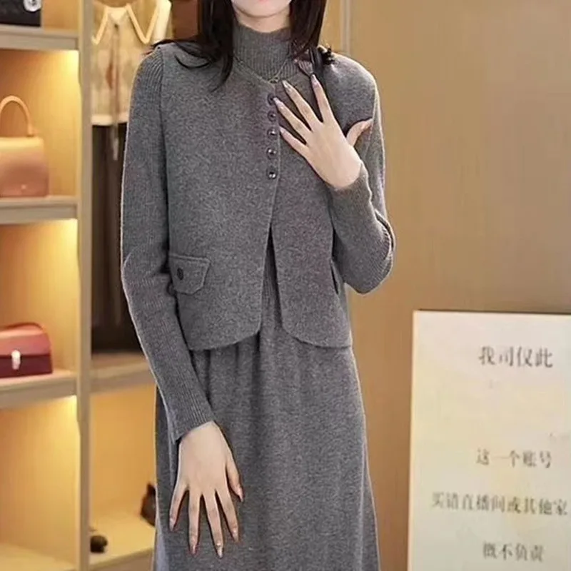 

New Autumn Winter Women Korean Knitted Dress Two- Pieces Dress Loose Long Sweater Jacket Knitted Dress Female Casual Suits