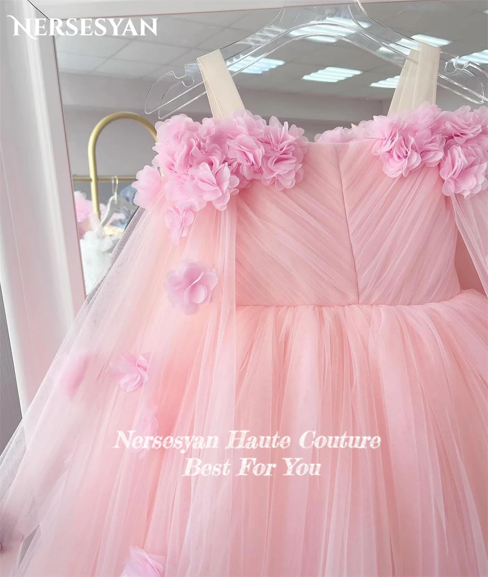 Nersessuperb-Robes de demoiselle d'honneur roses élégantes pour mariage, manches ange, fleurs 3D, ligne A, plis, tulle, soirée occasionnelle, quoi que ce soit, 2024