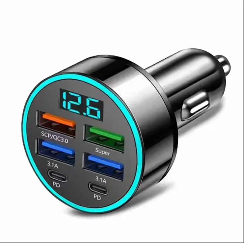 Digital Display Car Charger  4USB Dual 3.1A+Super+QC9.0 66W Fast-Charge PD Mobile Phone Charger Car Charger