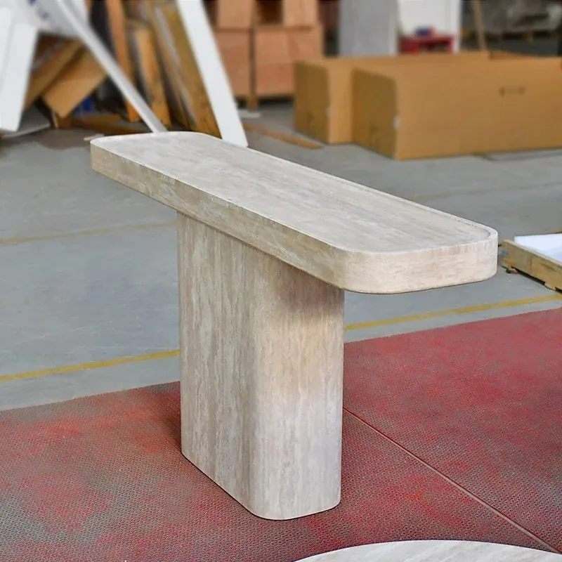 Modern Brushed Grey Travertine Luxury Living Room Furniture Marble Top Table Post Beige Console Table